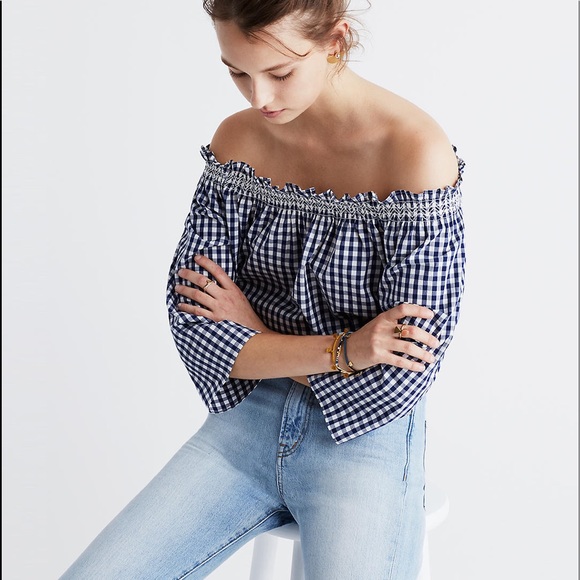 Madewell Smocked Gingham Off the shoulder top - Picture 2 of 9